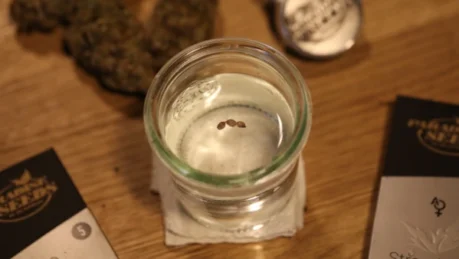 3 Paradise cannabis seeds germinating in a glass of water.